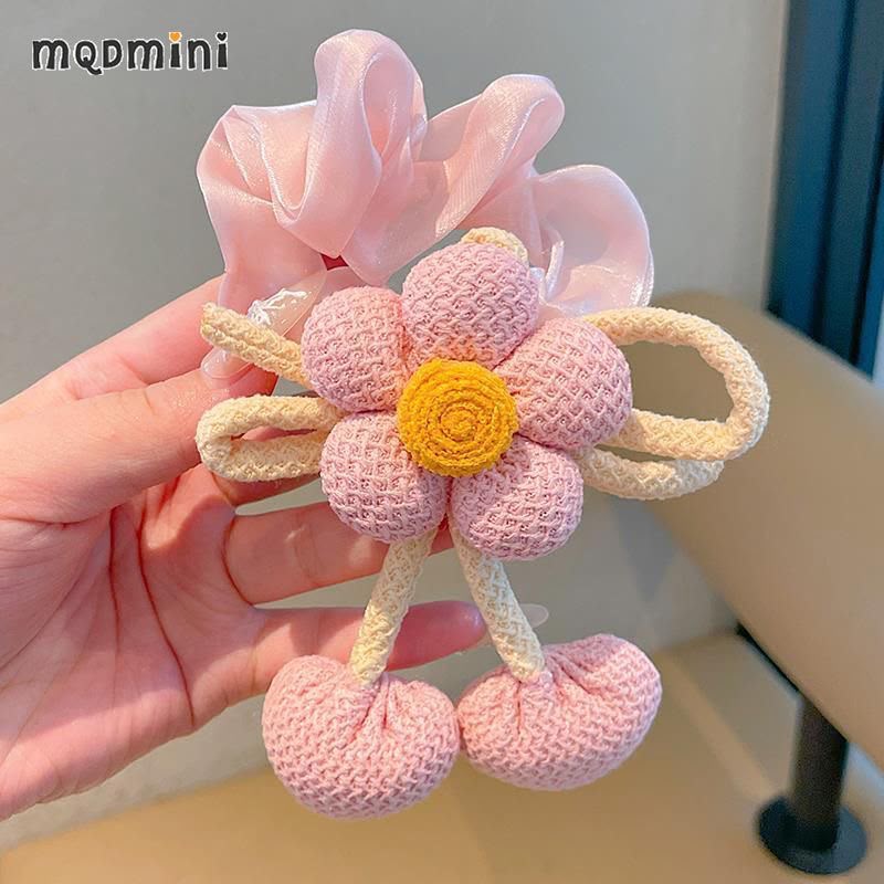 Girls Crochet Flower Ponytail Hair Tie – Cute Knitted Daisy Hair Band with Soft Fabric Bow & Dangling Ball Details | Kids Floral Hair Accessory for Ponytail, Parties & Everyday Styling