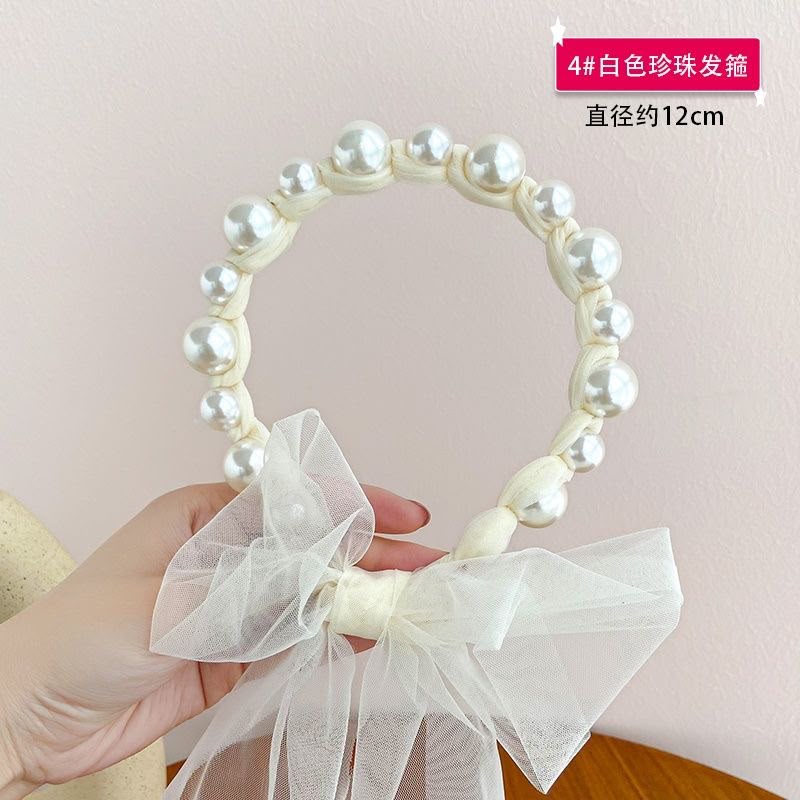 Girls Pearl & Tulle Bow Headband – Oversized Sheer Mesh Bow Hair Band with Large & Small Pearl Bead Detailing | Cute Princess Hair Accessory for Kids, Parties, Birthdays & Special Occasions