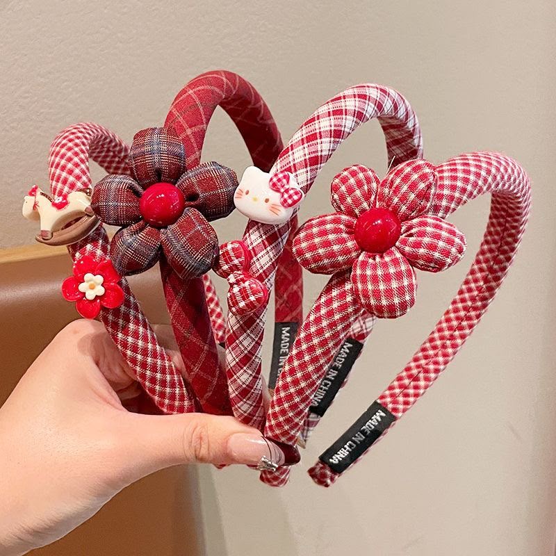 Girls Red Padded Fabric Headband with Cute Cartoon Charms – Plaid Check Hair Band with Flower, Bow, Cherry & Character Details | Kids Hair Accessory for Daily Wear, Parties & Outings