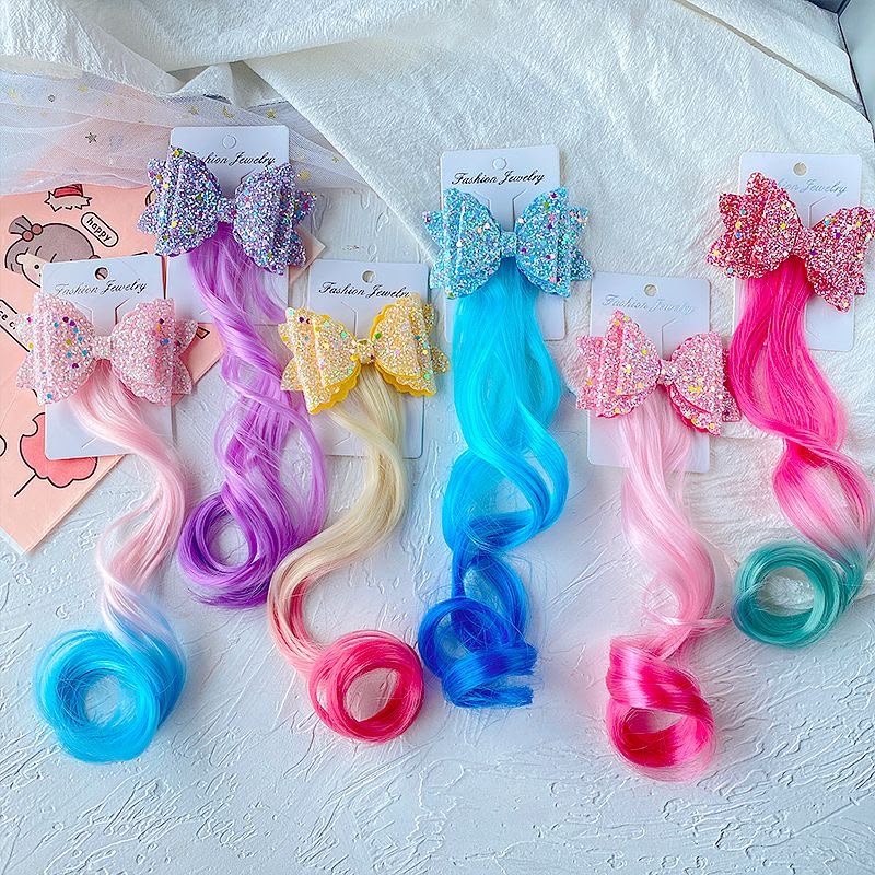 Girls Glitter Bow Hair Clip with Curly Coloured Hair Extension – Sparkly Butterfly Bow Clip with Ombre Synthetic Curl
