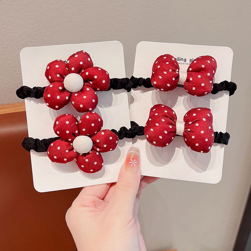 Girls Fabric Flower & Bow Hair Tie Set – Cute Red, White Polka Dot & Gingham Elastic Hair Accessories with Padded Floral and Bow Details | Kids Ponytail Holders for School, Parties & Everyday Styling