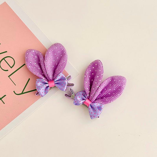 Girls Bunny Ear Hair Clip Set – Set of 2 Glitter Rabbit Ear Clips with Polka Dot Bow Detail