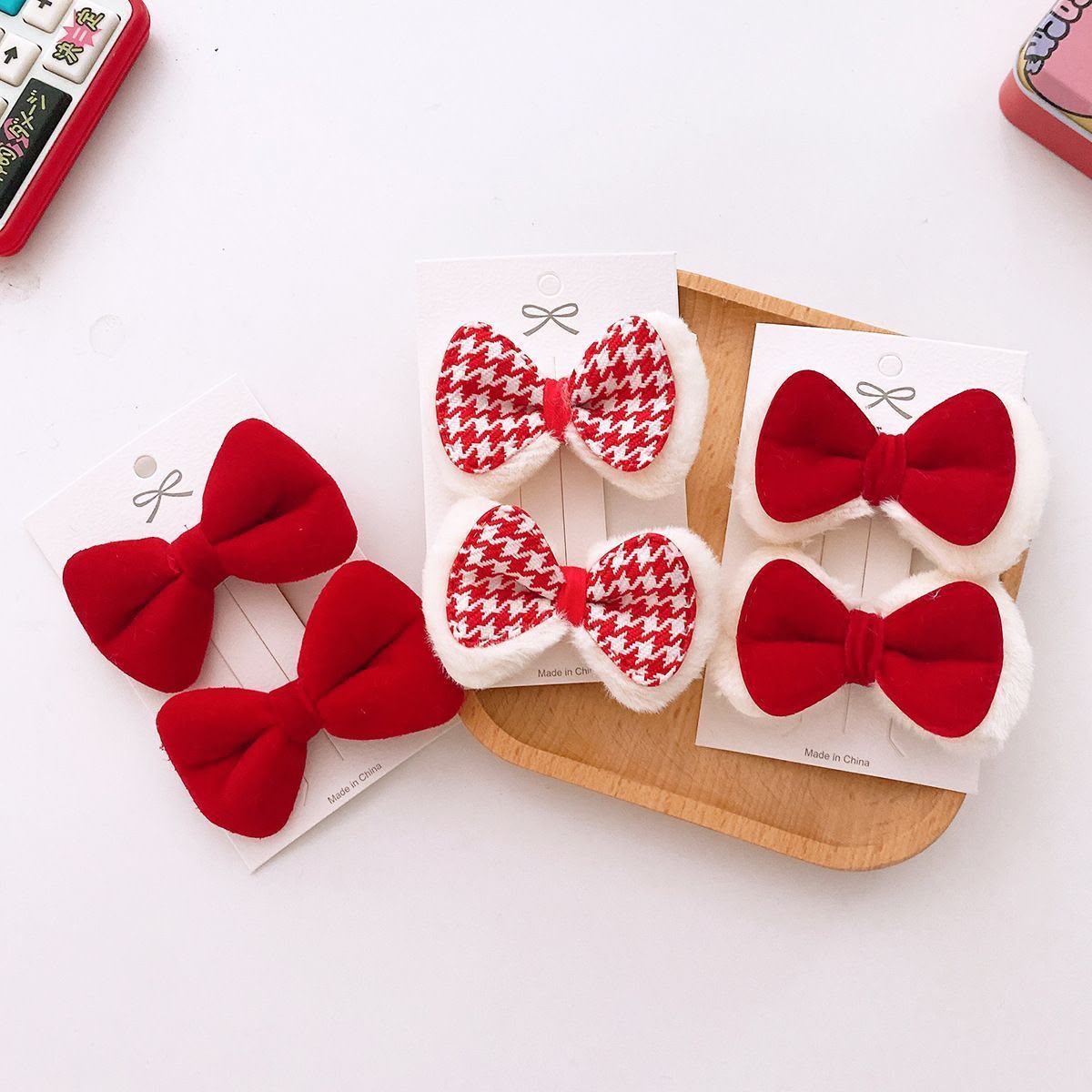 Girls Red Bow Hair Clip Set – Set of 2 Plush Trim Fabric Bow Clips with Solid & Houndstooth Pattern | Cute Kids Hair Accessories for Parties, School, Festive & Everyday Styling