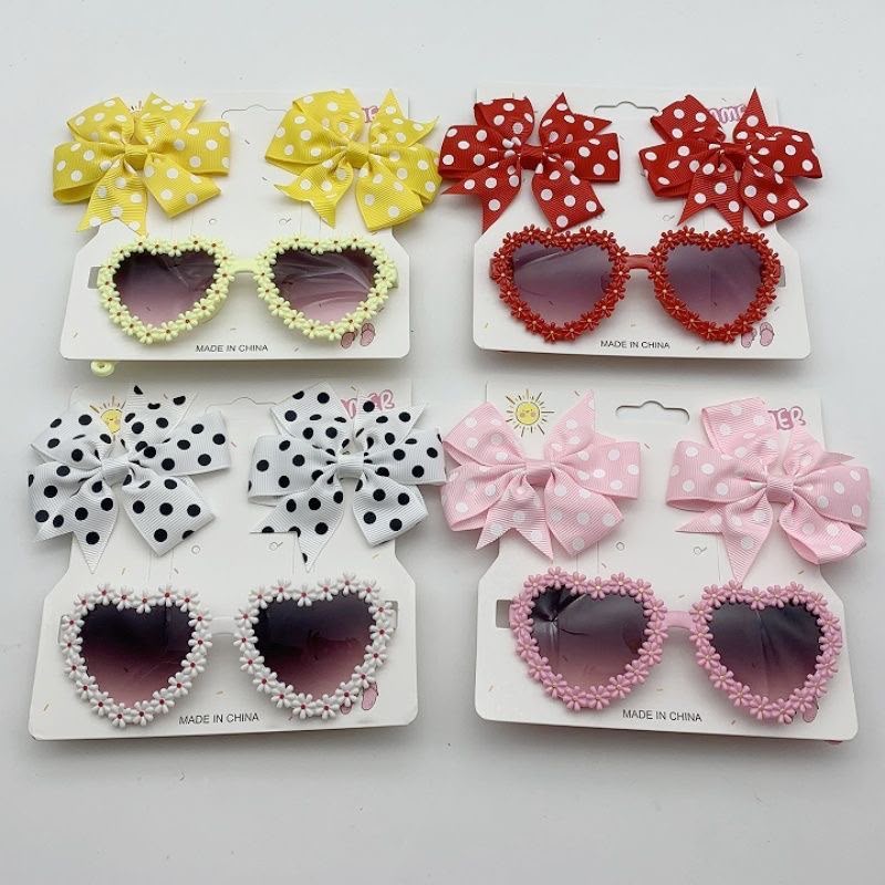 Girls Heart-Shaped Sunglasses & Polka Dot Bow Hair Clip Set – Cute Fashion Accessories