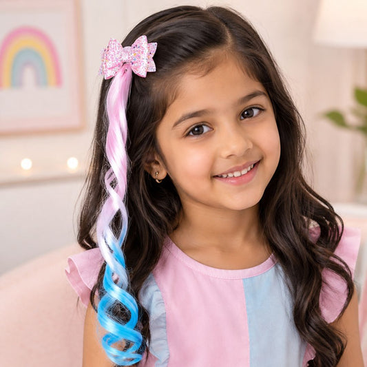 Girls Glitter Bow Hair Clip with Curly Coloured Hair Extension – Sparkly Butterfly Bow Clip with Ombre Synthetic Curl