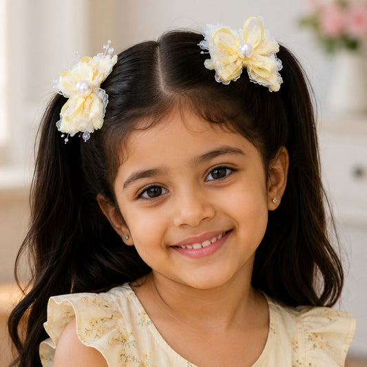 Girls Pearl Bow Hair Clips Set – Pastel Lace Ribbon Hair Accessories with Pearl & Beaded Detailing