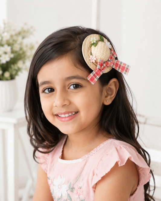 Girls Mini Straw Hat Hair Clip with Floral & Plaid Bow Design – Cute Hair Accessory