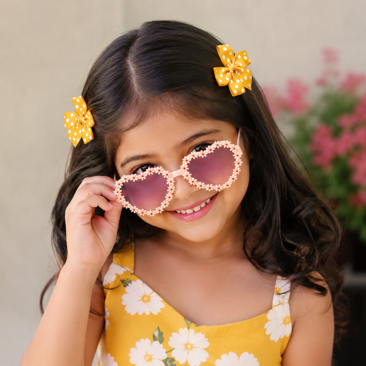 Girls Heart-Shaped Sunglasses & Polka Dot Bow Hair Clip Set – Cute Fashion Accessories