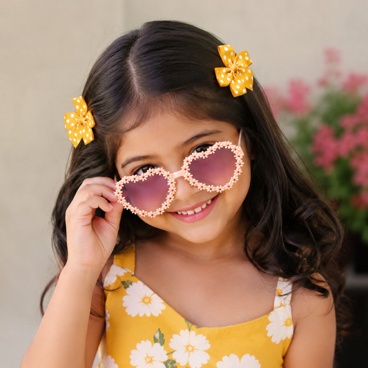 Girls Heart-Shaped Sunglasses & Polka Dot Bow Hair Clip Set – Cute Fashion Accessories