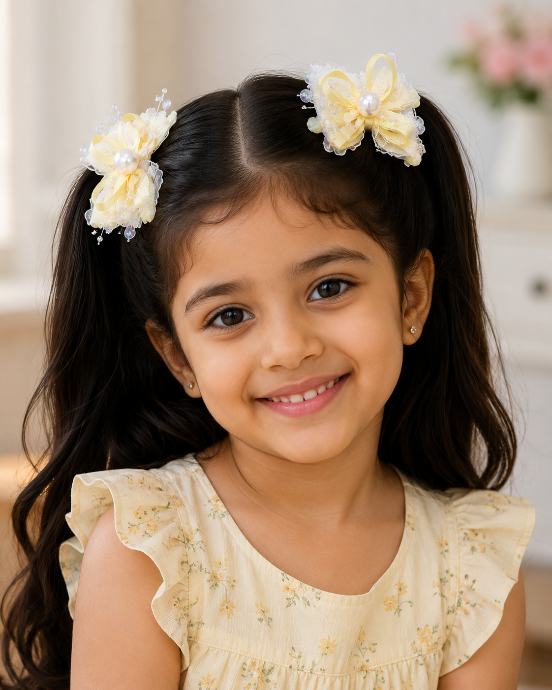 Girls Pearl Bow Hair Clips Set – Pastel Lace Ribbon Hair Accessories with Pearl & Beaded Detailing | Cute Party, Birthday & Everyday Hair Clips for Kids