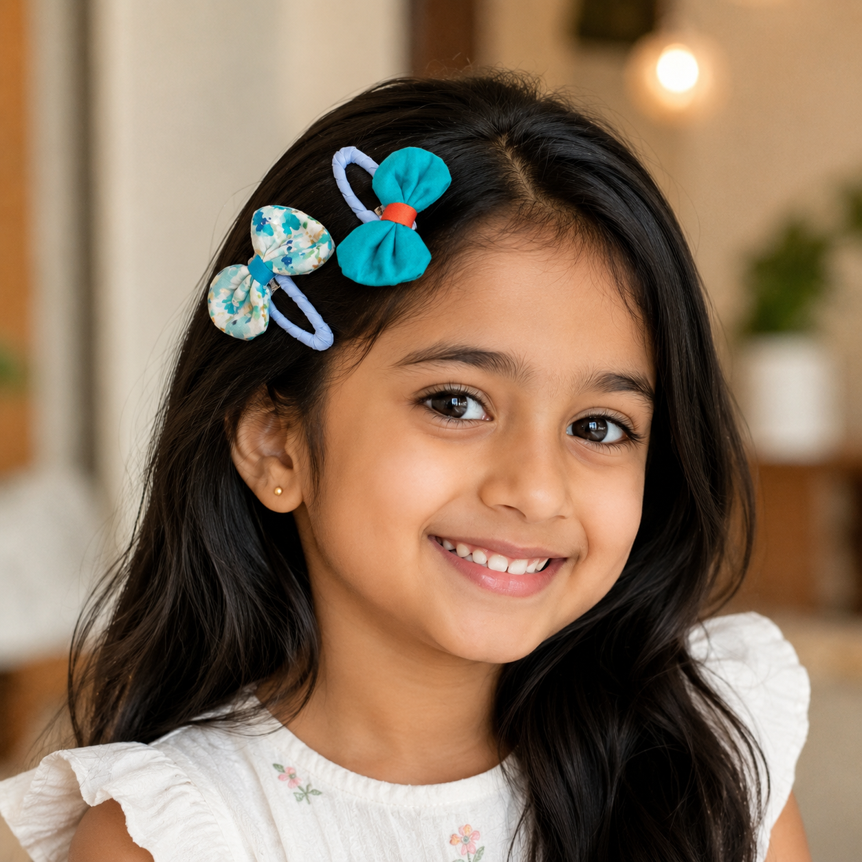 Girls Fabric Bow Hair Clip Set – Set of 2 Handmade-Style Snap Clips with Solid & Floral Print Bows | Cute Kids Hair Accessories for Side Styling, School, Parties & Everyday Wear