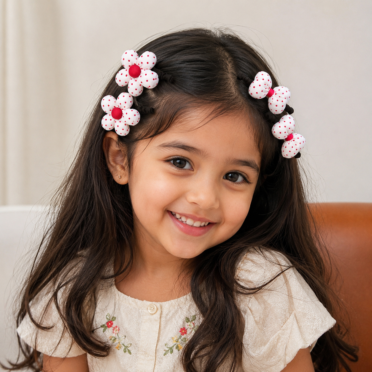 Girls Fabric Flower & Bow Hair Tie Set – Cute Red, White Polka Dot & Gingham Elastic Hair Accessories with Padded Floral and Bow Details | Kids Ponytail Holders for School, Parties & Everyday Styling