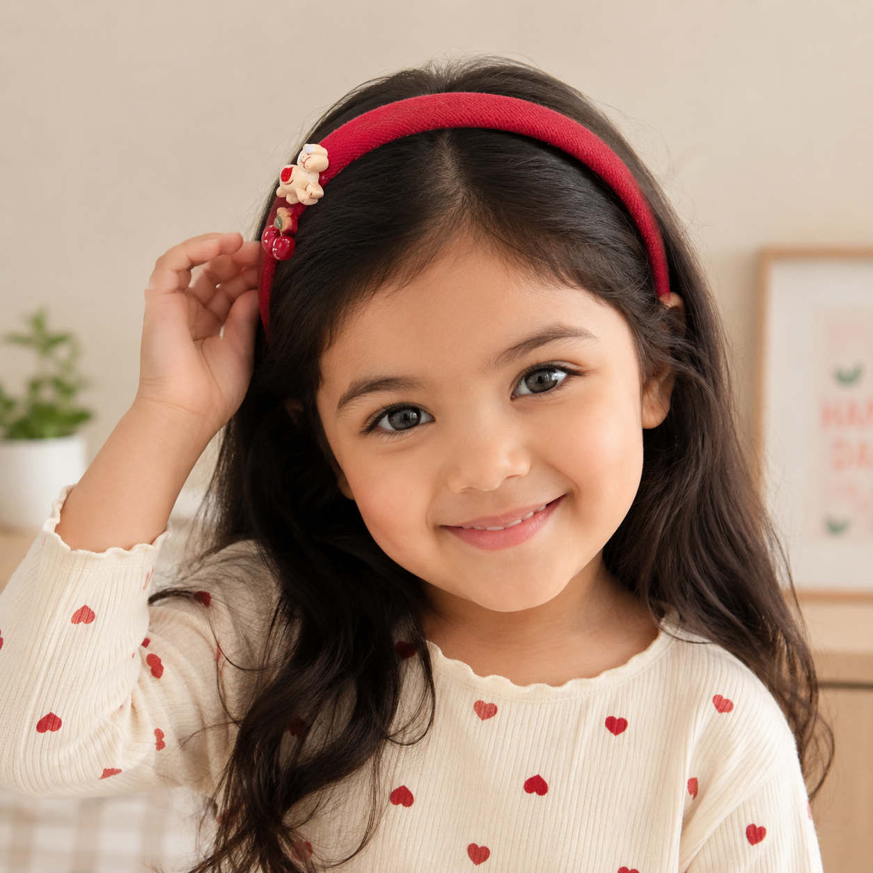 Girls Red Padded Fabric Headband with Cute Cartoon Charms – Plaid Check Hair Band with Flower, Bow, Cherry & Character Details | Kids Hair Accessory for Daily Wear, Parties & Outings