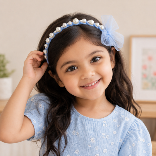 Girls Pearl & Tulle Bow Headband – Oversized Sheer Mesh Bow Hair Band with Large & Small Pearl Bead Detailing