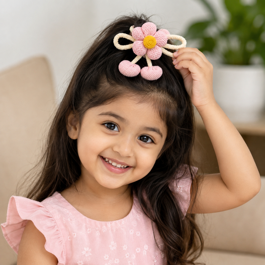 Girls Crochet Flower Ponytail Hair Tie – Cute Knitted Daisy Hair Band with Soft Fabric Bow & Dangling Ball Details