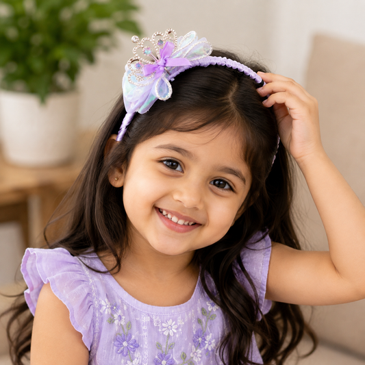 Girls Princess Tiara Bow Headband – Rhinestone Crown Hair Band with Iridescent Organza Bow & Soft Ribbon Wrap