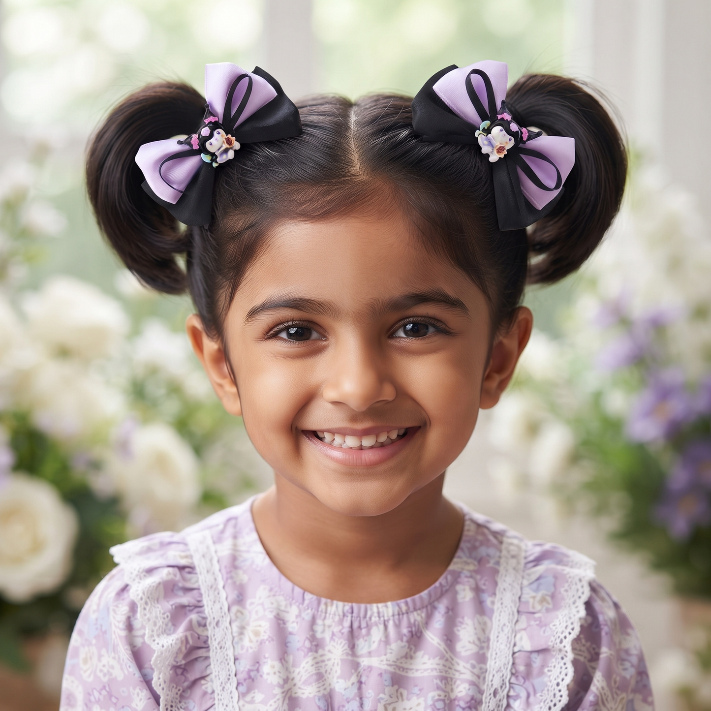 Girls Cartoon Charm Satin Bow Hair Clips – Set of 2 Cute Double Layer Ribbon Bows with Character Centre | Kids Hair Accessories for Ponytails, Pigtails, Parties & Everyday Styling