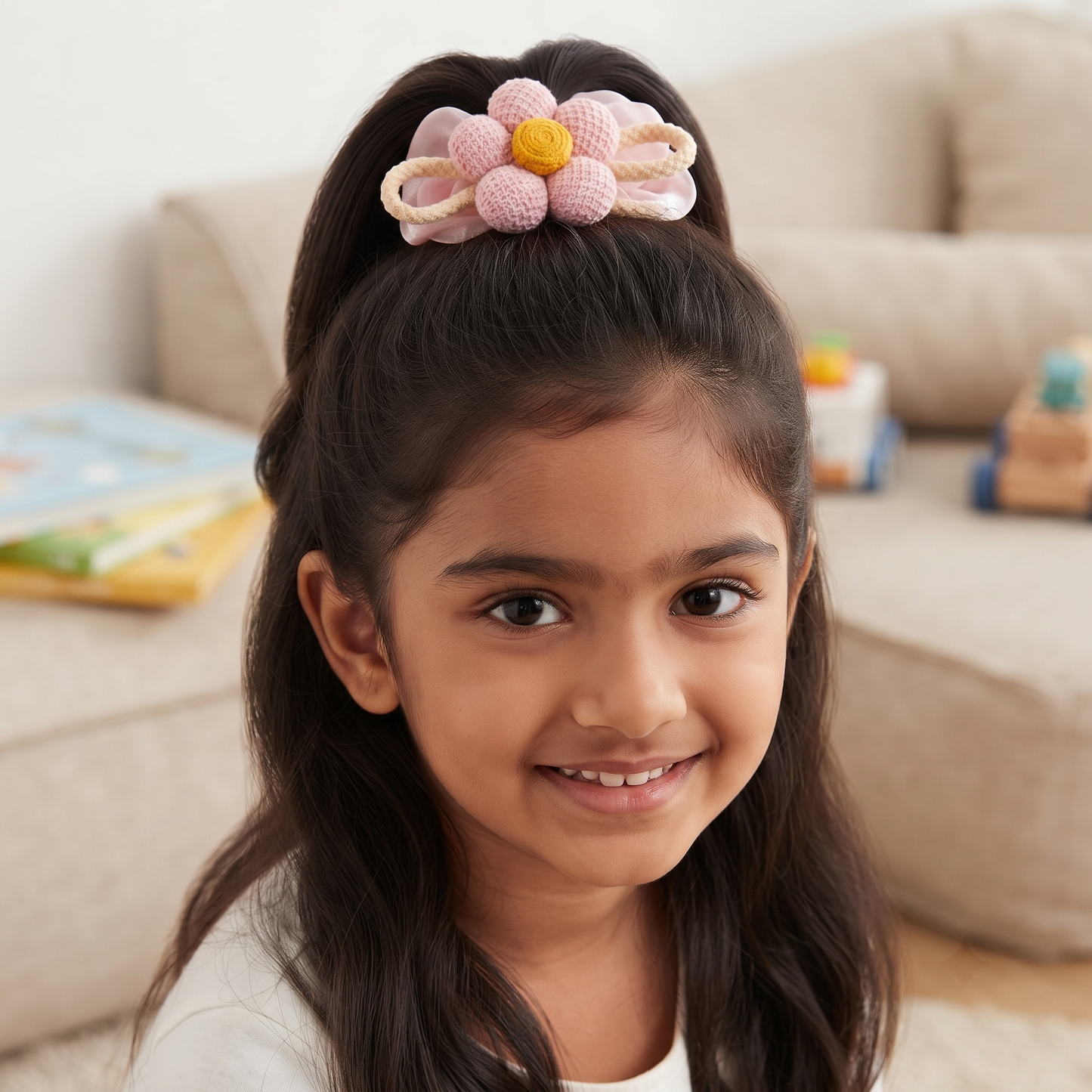 Girls Crochet Flower Ponytail Hair Tie – Cute Knitted Daisy Hair Band with Soft Fabric Bow & Dangling Ball Details | Kids Floral Hair Accessory for Ponytail, Parties & Everyday Styling