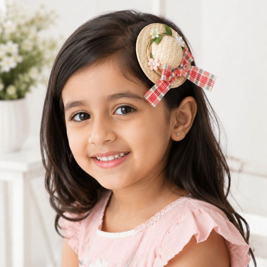 Girls Mini Straw Hat Hair Clip with Floral & Plaid Bow Design – Cute Hair Accessory