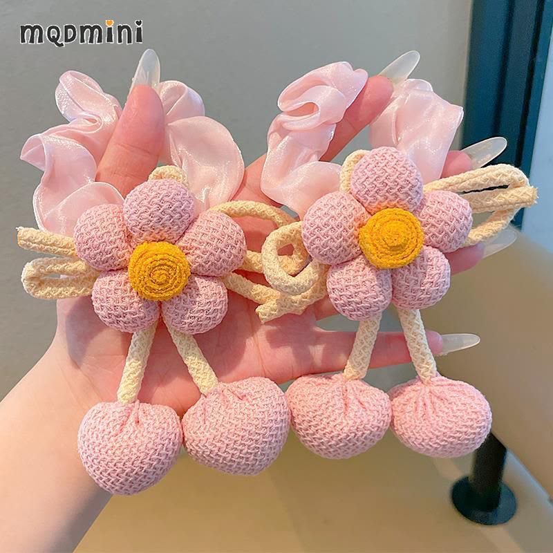Girls Crochet Flower Ponytail Hair Tie – Cute Knitted Daisy Hair Band with Soft Fabric Bow & Dangling Ball Details | Kids Floral Hair Accessory for Ponytail, Parties & Everyday Styling