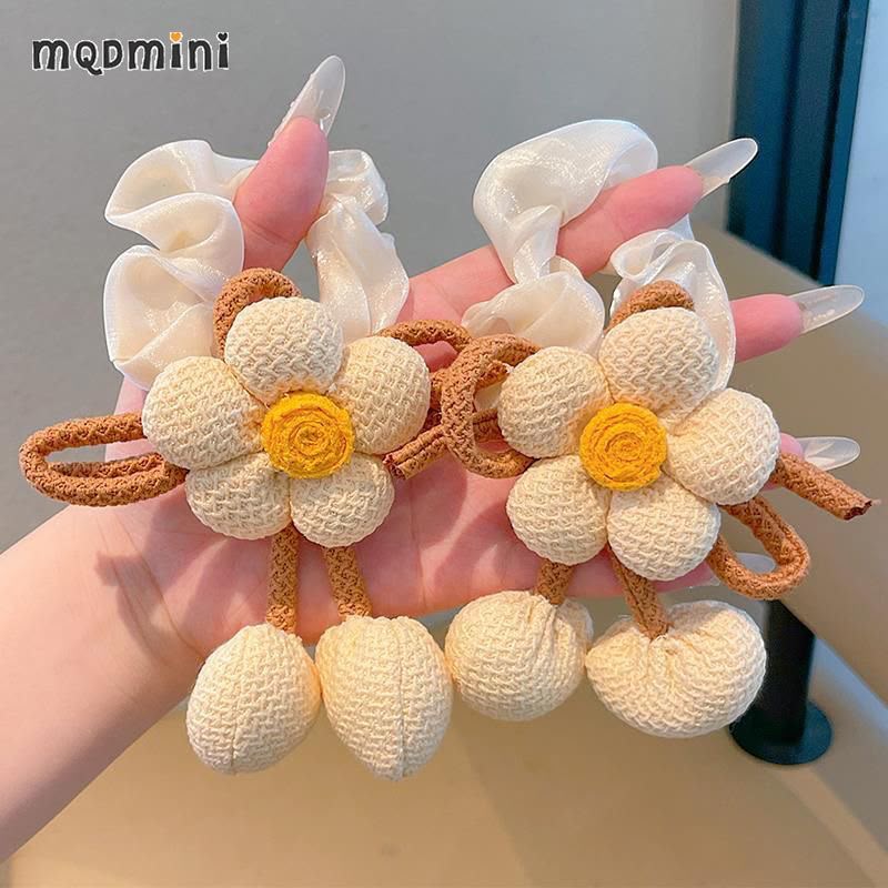 Girls Crochet Flower Ponytail Hair Tie – Cute Knitted Daisy Hair Band with Soft Fabric Bow & Dangling Ball Details | Kids Floral Hair Accessory for Ponytail, Parties & Everyday Styling