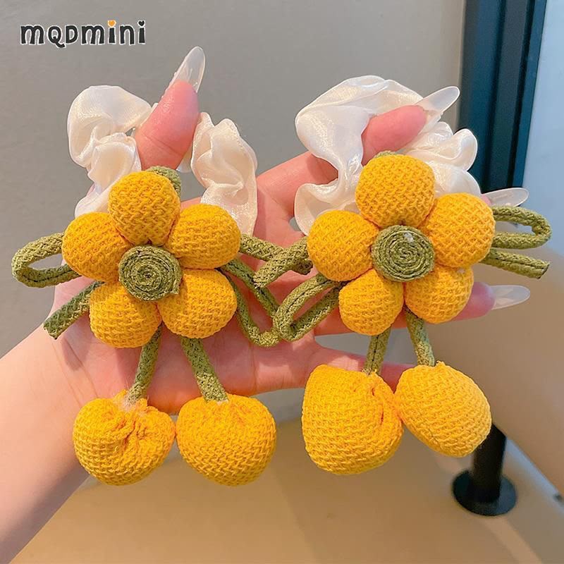 Girls Crochet Flower Ponytail Hair Tie – Cute Knitted Daisy Hair Band with Soft Fabric Bow & Dangling Ball Details | Kids Floral Hair Accessory for Ponytail, Parties & Everyday Styling