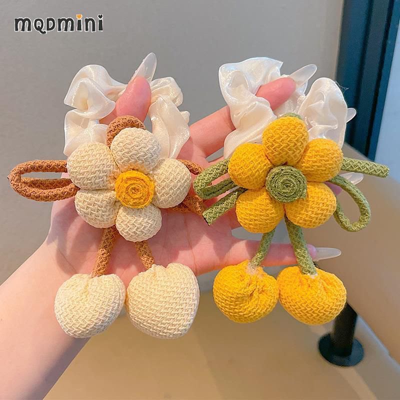 Girls Crochet Flower Ponytail Hair Tie – Cute Knitted Daisy Hair Band with Soft Fabric Bow & Dangling Ball Details | Kids Floral Hair Accessory for Ponytail, Parties & Everyday Styling