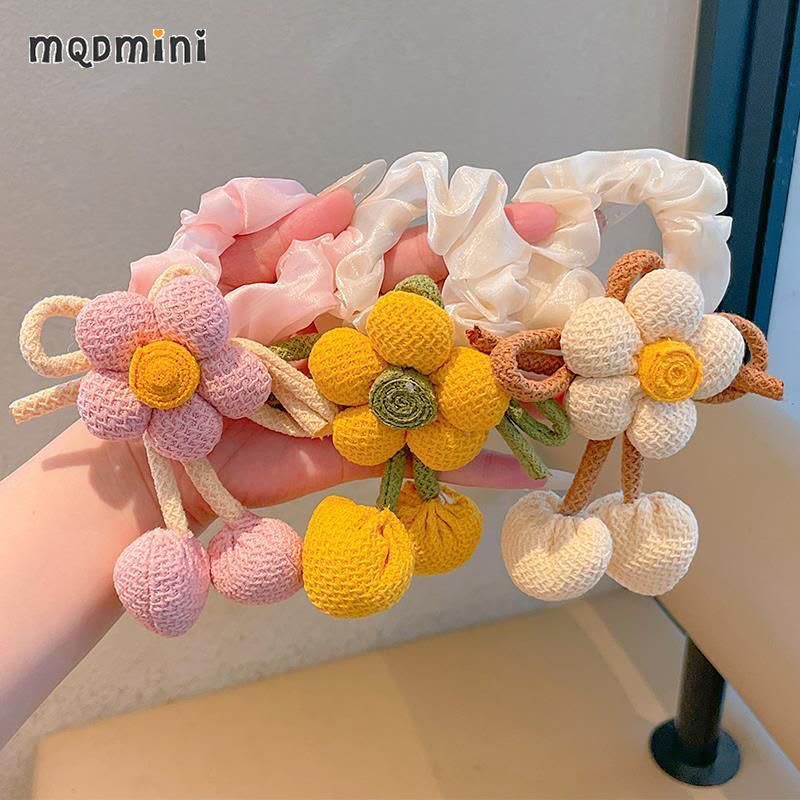Girls Crochet Flower Ponytail Hair Tie – Cute Knitted Daisy Hair Band with Soft Fabric Bow & Dangling Ball Details | Kids Floral Hair Accessory for Ponytail, Parties & Everyday Styling