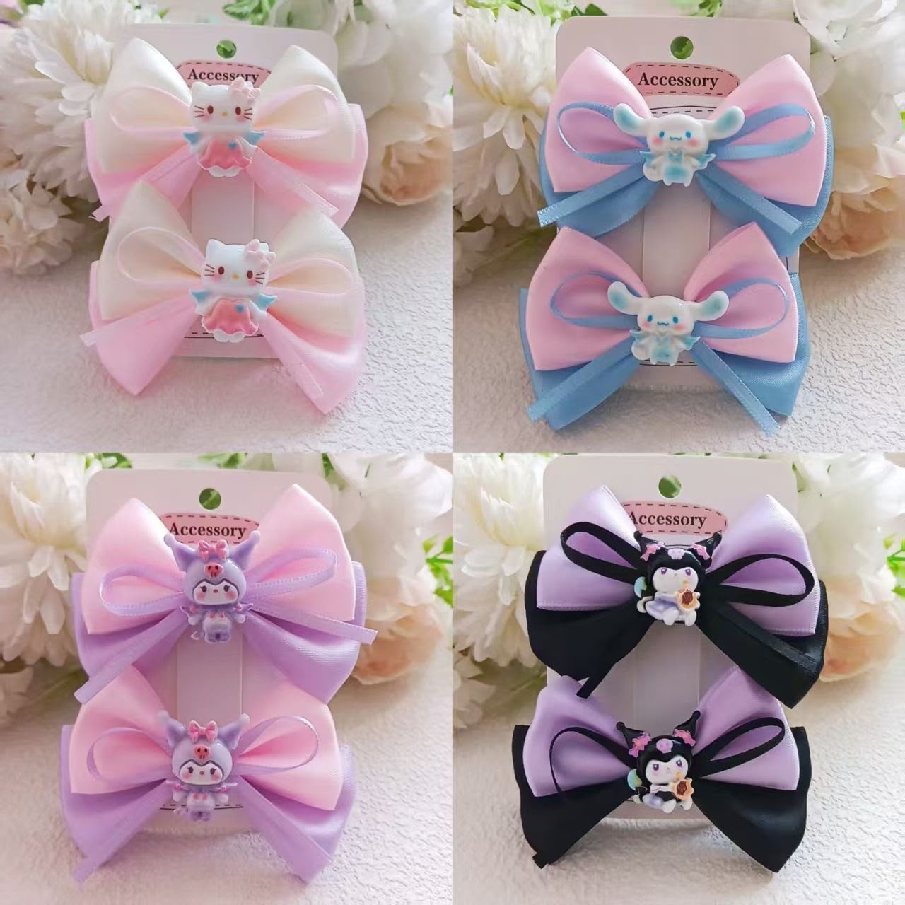 Girls Cartoon Charm Satin Bow Hair Clips – Set of 2 Cute Double Layer Ribbon Bows with Character Centre | Kids Hair Accessories for Ponytails, Pigtails, Parties & Everyday Styling