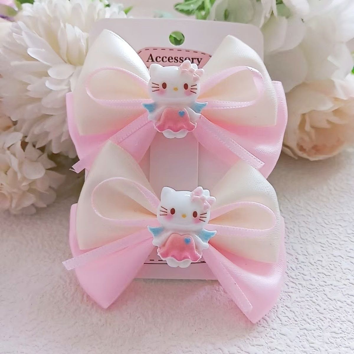 Girls Cartoon Charm Satin Bow Hair Clips – Set of 2 Cute Double Layer Ribbon Bows with Character Centre | Kids Hair Accessories for Ponytails, Pigtails, Parties & Everyday Styling