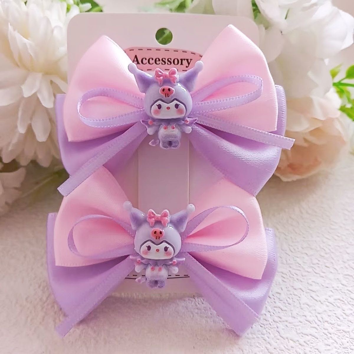 Girls Cartoon Charm Satin Bow Hair Clips – Set of 2 Cute Double Layer Ribbon Bows with Character Centre | Kids Hair Accessories for Ponytails, Pigtails, Parties & Everyday Styling