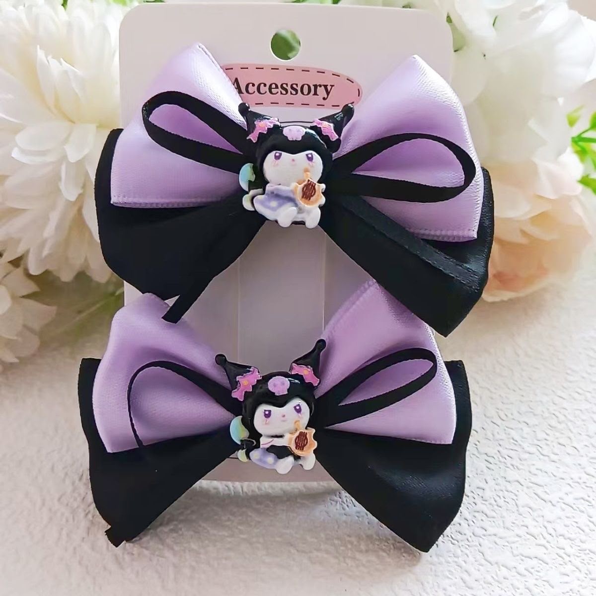 Girls Cartoon Charm Satin Bow Hair Clips – Set of 2 Cute Double Layer Ribbon Bows with Character Centre | Kids Hair Accessories for Ponytails, Pigtails, Parties & Everyday Styling