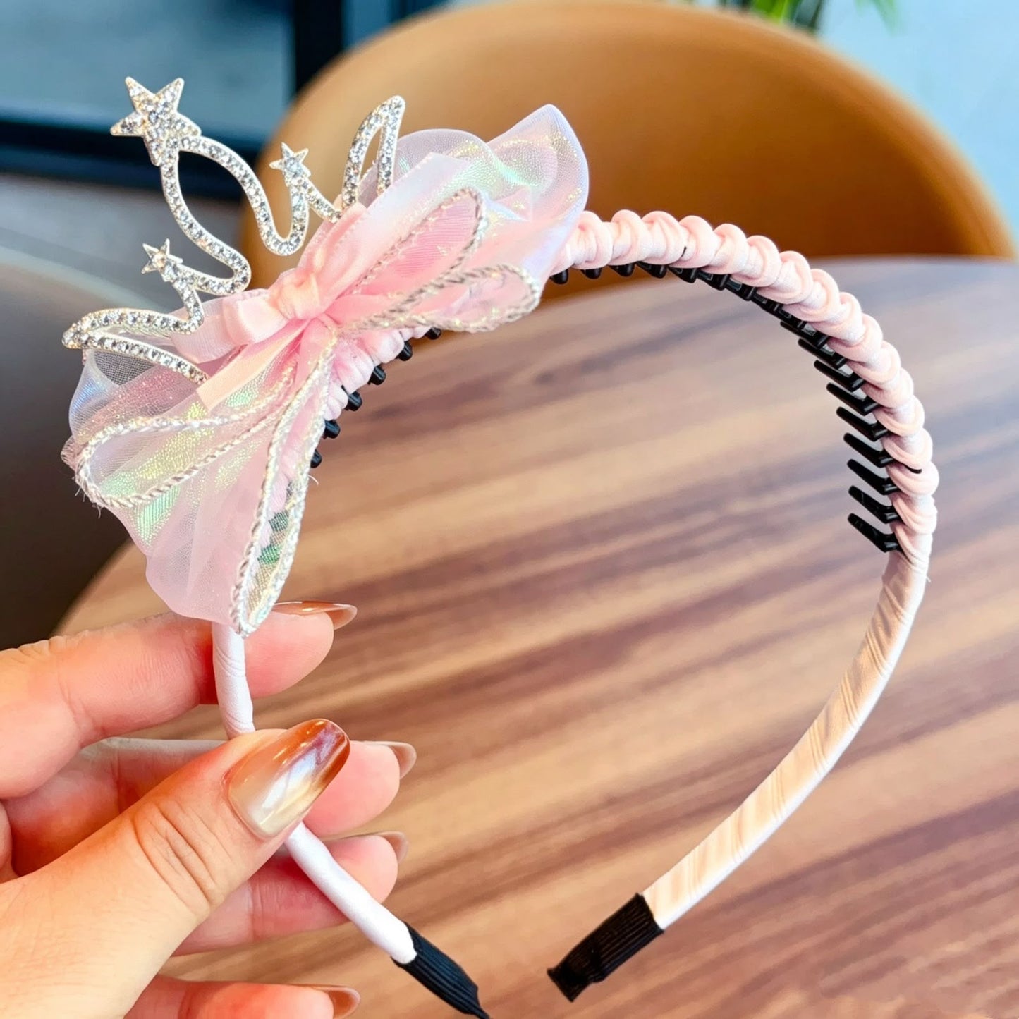 Girls Princess Tiara Bow Headband – Rhinestone Crown Hair Band with Iridescent Organza Bow & Soft Ribbon Wrap | Cute Party, Birthday, Photoshoot & Dress-Up Hair Accessory for Kids