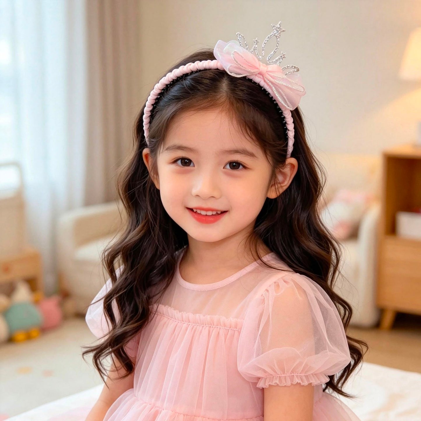 Girls Princess Tiara Bow Headband – Rhinestone Crown Hair Band with Iridescent Organza Bow & Soft Ribbon Wrap | Cute Party, Birthday, Photoshoot & Dress-Up Hair Accessory for Kids