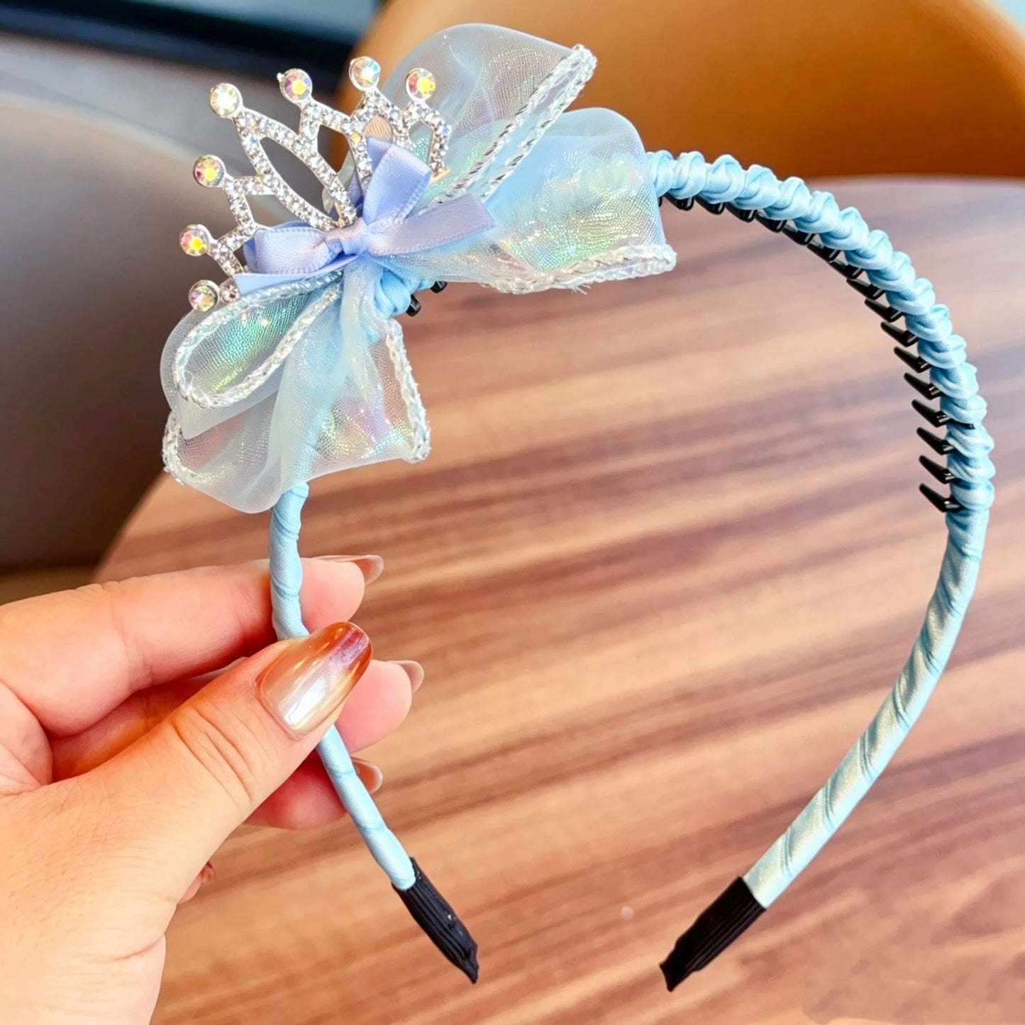 Girls Princess Tiara Bow Headband – Rhinestone Crown Hair Band with Iridescent Organza Bow & Soft Ribbon Wrap | Cute Party, Birthday, Photoshoot & Dress-Up Hair Accessory for Kids