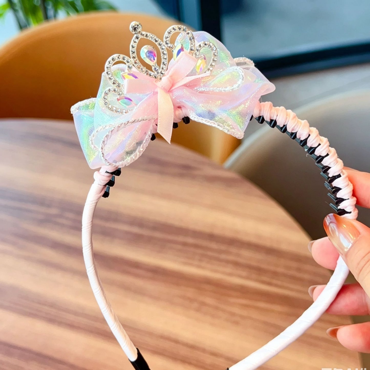 Girls Princess Tiara Bow Headband – Rhinestone Crown Hair Band with Iridescent Organza Bow & Soft Ribbon Wrap | Cute Party, Birthday, Photoshoot & Dress-Up Hair Accessory for Kids