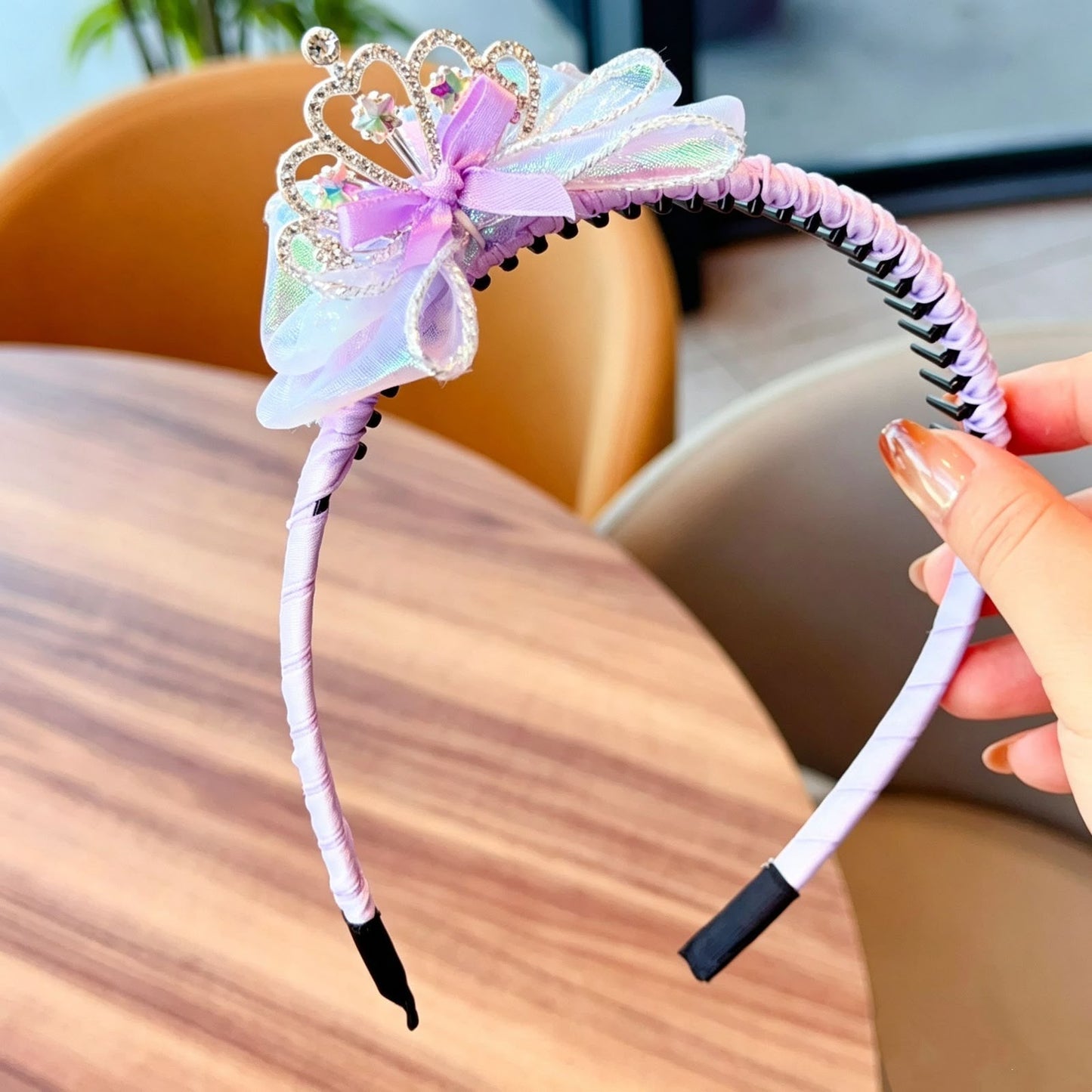 Girls Princess Tiara Bow Headband – Rhinestone Crown Hair Band with Iridescent Organza Bow & Soft Ribbon Wrap | Cute Party, Birthday, Photoshoot & Dress-Up Hair Accessory for Kids