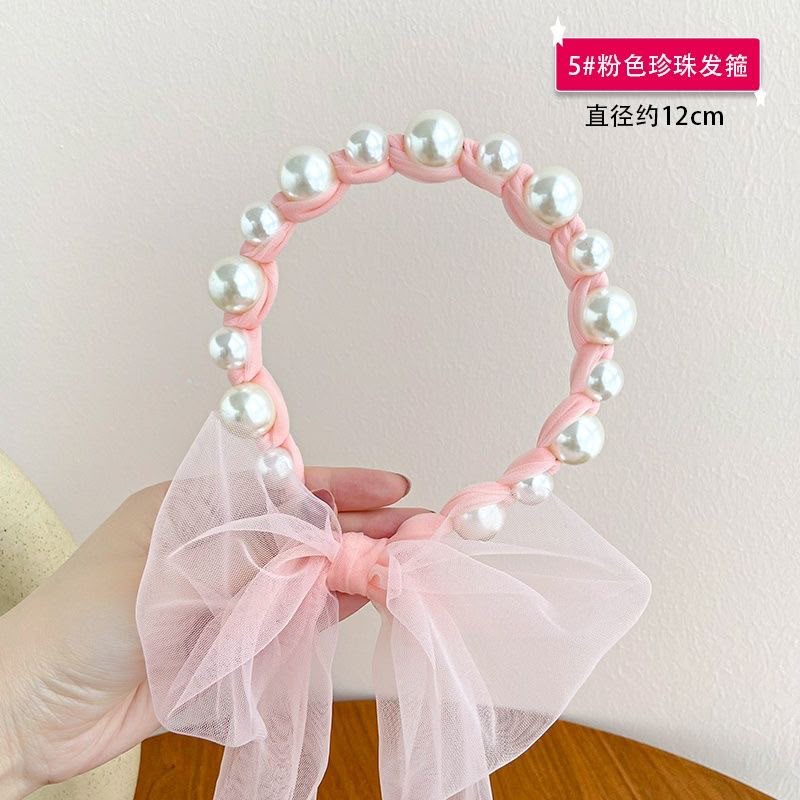 Girls Pearl & Tulle Bow Headband – Oversized Sheer Mesh Bow Hair Band with Large & Small Pearl Bead Detailing | Cute Princess Hair Accessory for Kids, Parties, Birthdays & Special Occasions