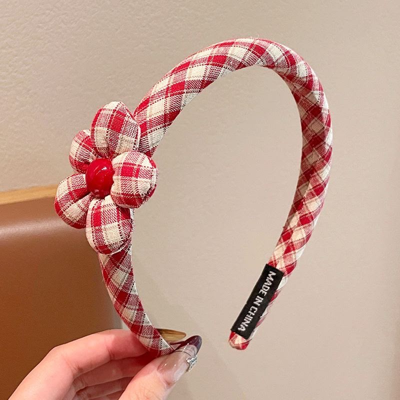 Girls Red Padded Fabric Headband with Cute Cartoon Charms – Plaid Check Hair Band with Flower, Bow, Cherry & Character Details | Kids Hair Accessory for Daily Wear, Parties & Outings