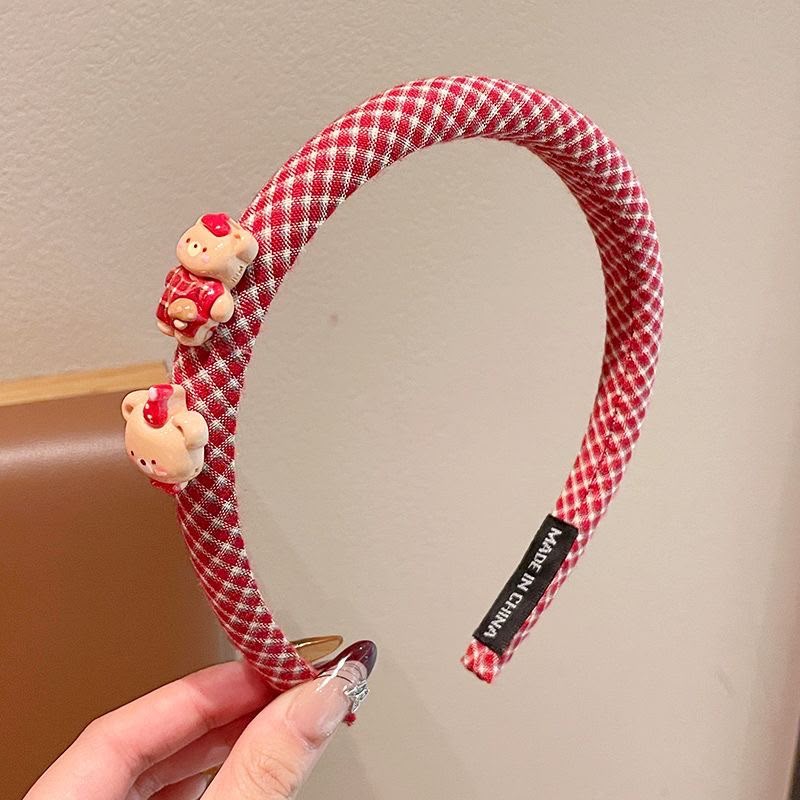 Girls Red Padded Fabric Headband with Cute Cartoon Charms – Plaid Check Hair Band with Flower, Bow, Cherry & Character Details | Kids Hair Accessory for Daily Wear, Parties & Outings