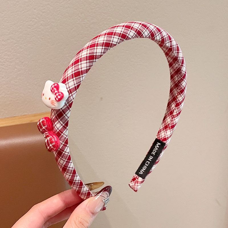 Girls Red Padded Fabric Headband with Cute Cartoon Charms – Plaid Check Hair Band with Flower, Bow, Cherry & Character Details | Kids Hair Accessory for Daily Wear, Parties & Outings
