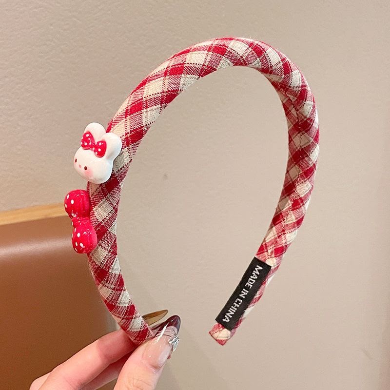 Girls Red Padded Fabric Headband with Cute Cartoon Charms – Plaid Check Hair Band with Flower, Bow, Cherry & Character Details | Kids Hair Accessory for Daily Wear, Parties & Outings