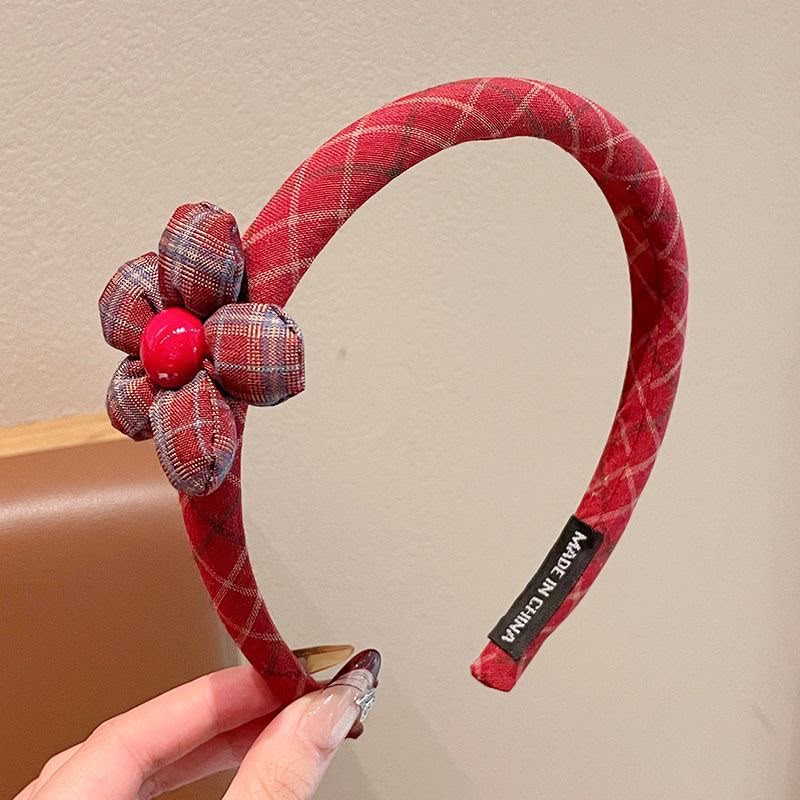 Girls Red Padded Fabric Headband with Cute Cartoon Charms – Plaid Check Hair Band with Flower, Bow, Cherry & Character Details | Kids Hair Accessory for Daily Wear, Parties & Outings
