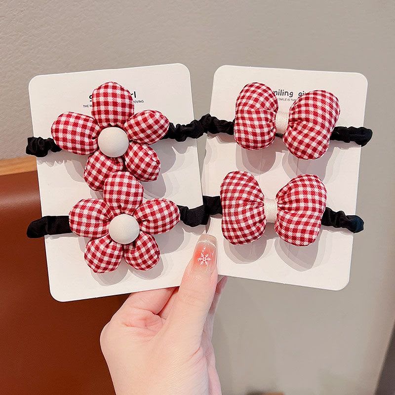 Girls Fabric Flower & Bow Hair Tie Set – Cute Red, White Polka Dot & Gingham Elastic Hair Accessories with Padded Floral and Bow Details | Kids Ponytail Holders for School, Parties & Everyday Styling