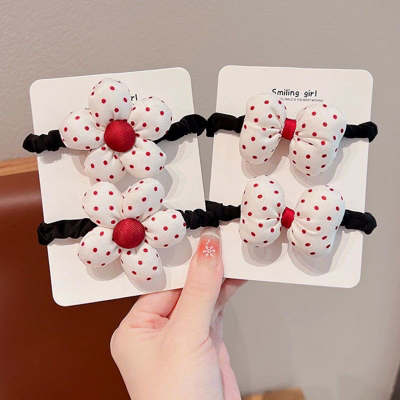 Girls Fabric Flower & Bow Hair Tie Set – Cute Red, White Polka Dot & Gingham Elastic Hair Accessories with Padded Floral and Bow Details | Kids Ponytail Holders for School, Parties & Everyday Styling