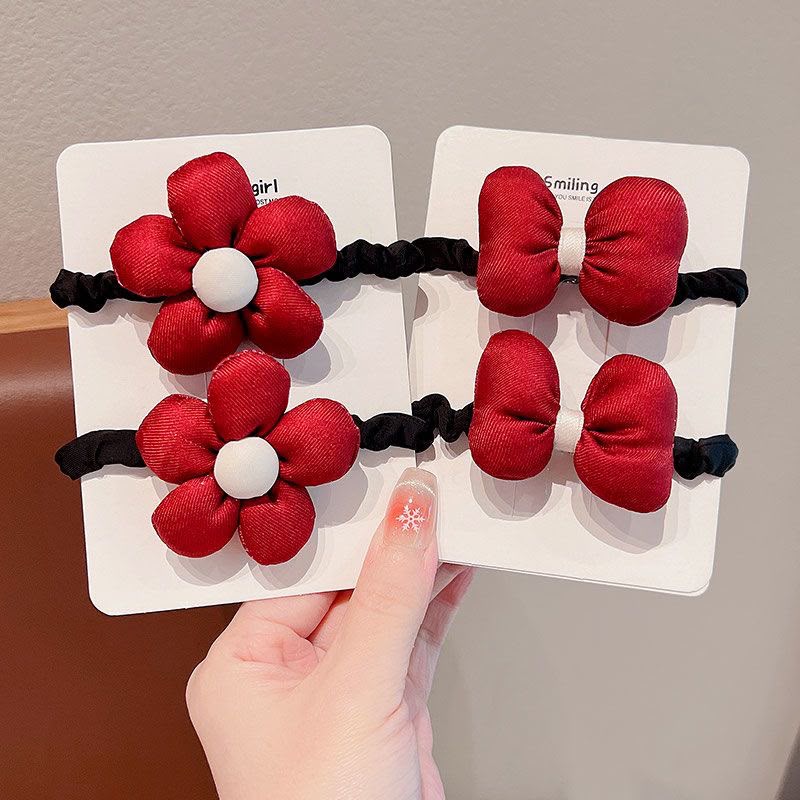 Girls Fabric Flower & Bow Hair Tie Set – Cute Red, White Polka Dot & Gingham Elastic Hair Accessories with Padded Floral and Bow Details | Kids Ponytail Holders for School, Parties & Everyday Styling