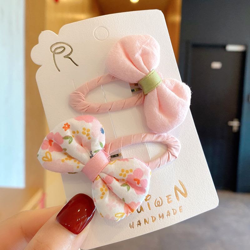 Girls Fabric Bow Hair Clip Set – Set of 2 Handmade-Style Snap Clips with Solid & Floral Print Bows | Cute Kids Hair Accessories for Side Styling, School, Parties & Everyday Wear