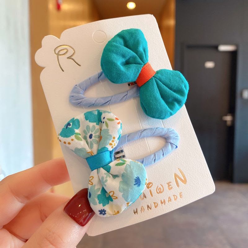 Girls Fabric Bow Hair Clip Set – Set of 2 Handmade-Style Snap Clips with Solid & Floral Print Bows | Cute Kids Hair Accessories for Side Styling, School, Parties & Everyday Wear