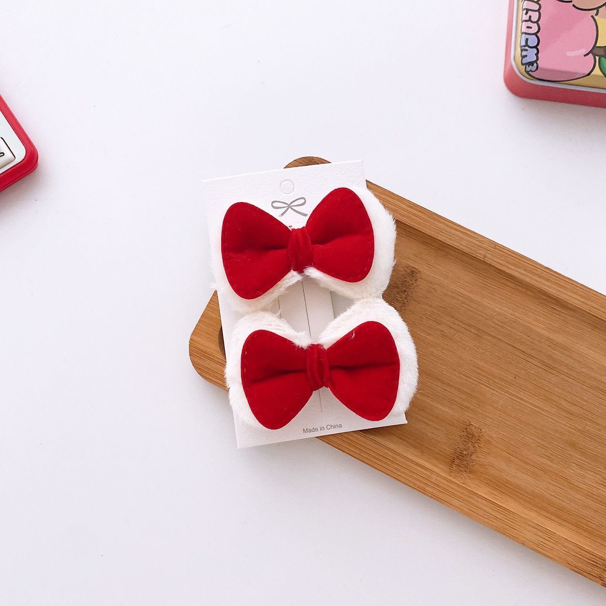 Girls Red Bow Hair Clip Set – Set of 2 Plush Trim Fabric Bow Clips with Solid & Houndstooth Pattern | Cute Kids Hair Accessories for Parties, School, Festive & Everyday Styling
