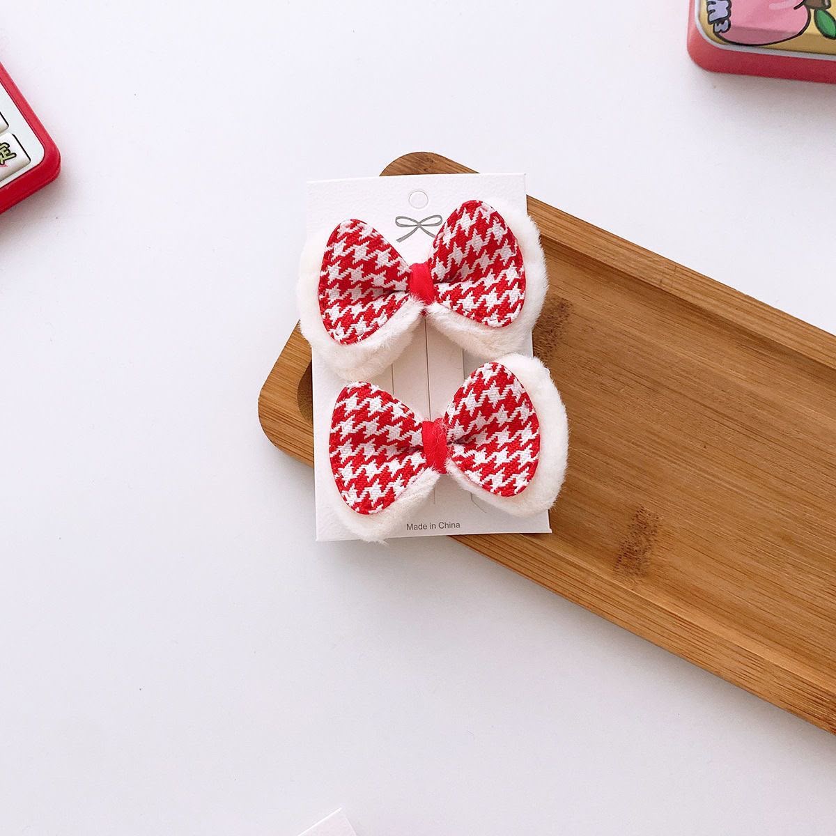 Girls Red Bow Hair Clip Set – Set of 2 Plush Trim Fabric Bow Clips with Solid & Houndstooth Pattern | Cute Kids Hair Accessories for Parties, School, Festive & Everyday Styling
